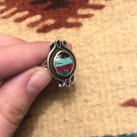 Sterling Native American turquoise, coral ring - Picture 2 of 2